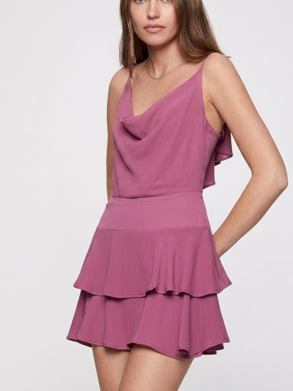 BCBGeneration Dusty Rose Cowl Neck Tiered Mini Dress